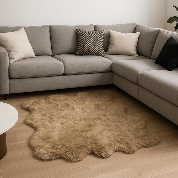 HomeRoots 5' Plush Faux Fur Area Rug - Soft, Washable, Non-Skid Design for Cozy Living Spaces and Nurseries Tan 476643