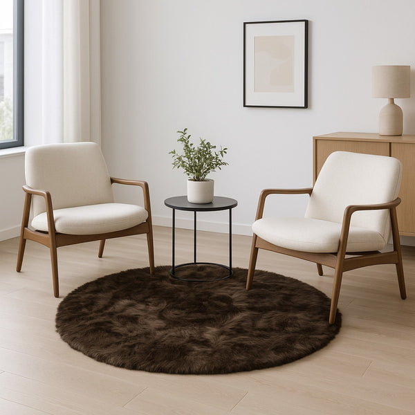 HomeRoots 6' Round Faux Fur Area Rug - Plush, Washable, Non-Skid Design for Cozy, Modern Interiors Chocolate 476664