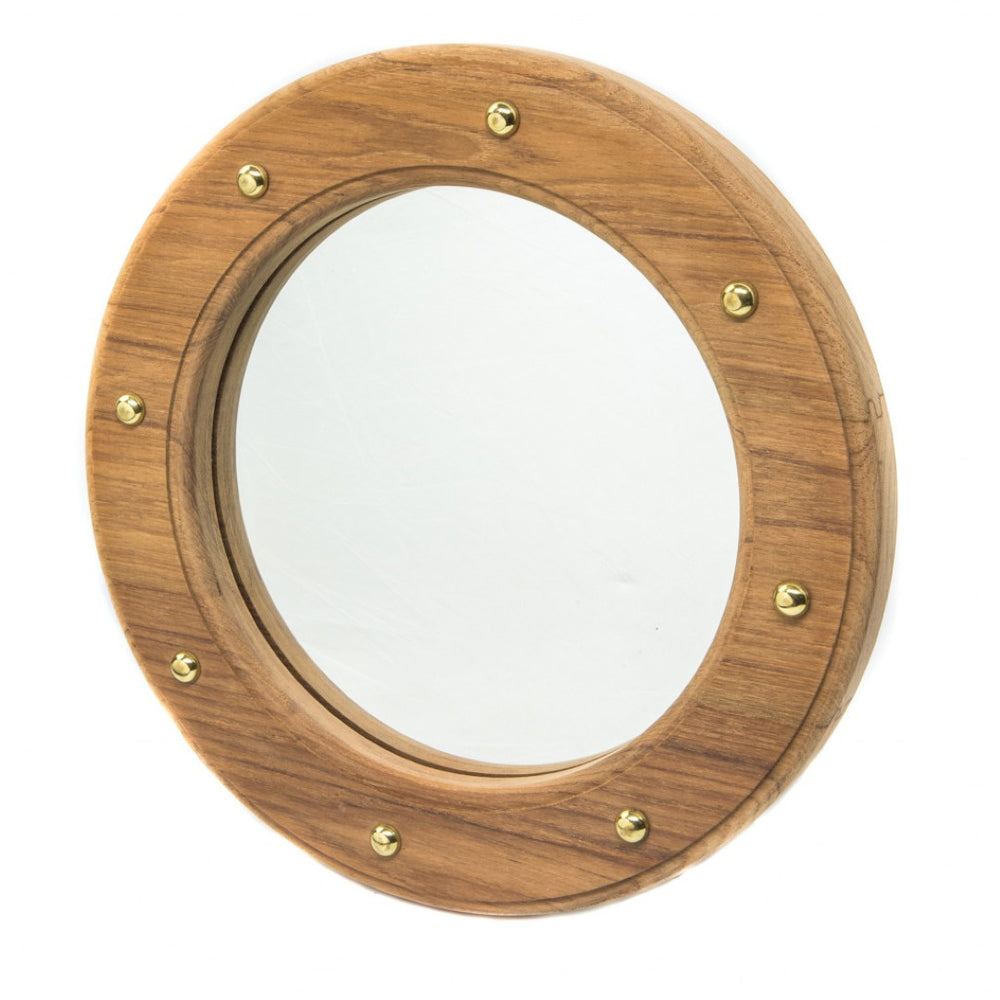 HomeRoots 11" Brown Solid Teak Wood Round Mirror – Nautical Accent with Gold Studs for Coastal Charm 476685