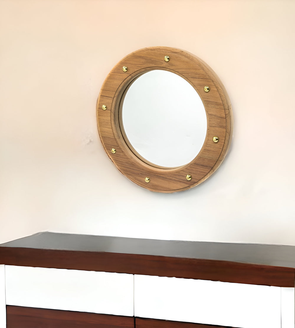 Homeroots 11" Round Wall Mounted Teak Wood Mirror With Nautical Rivets  Teak 476685