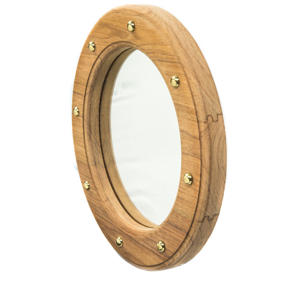 Homeroots 11" Round Wall Mounted Teak Wood Mirror With Nautical Rivets  Teak 476685