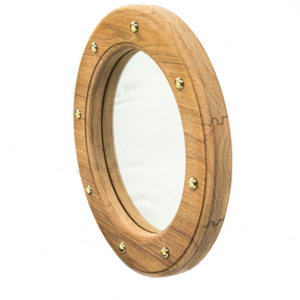 Homeroots 11" Round Wall Mounted Teak Wood Mirror With Nautical Rivets  Teak 476685