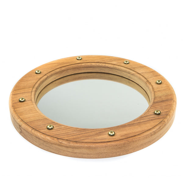 Homeroots 11" Round Wall Mounted Teak Wood Mirror With Nautical Rivets  Teak 476685