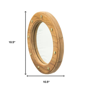 Homeroots 11" Round Wall Mounted Teak Wood Mirror With Nautical Rivets  Teak 476685