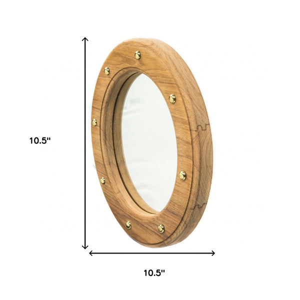Homeroots 11" Round Wall Mounted Teak Wood Mirror With Nautical Rivets  Teak 476685