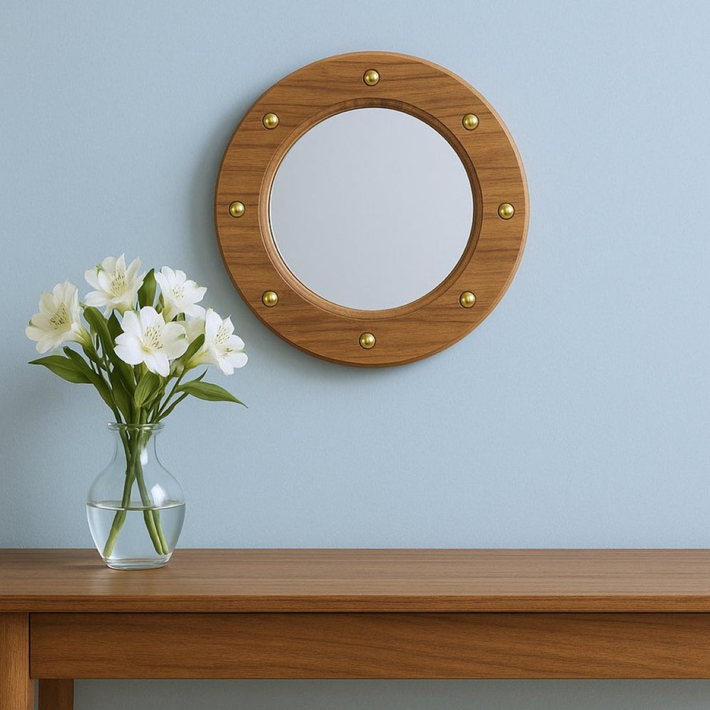 HomeRoots 11" Brown Solid Teak Wood Round Mirror – Nautical Accent with Gold Studs for Coastal Charm 476685