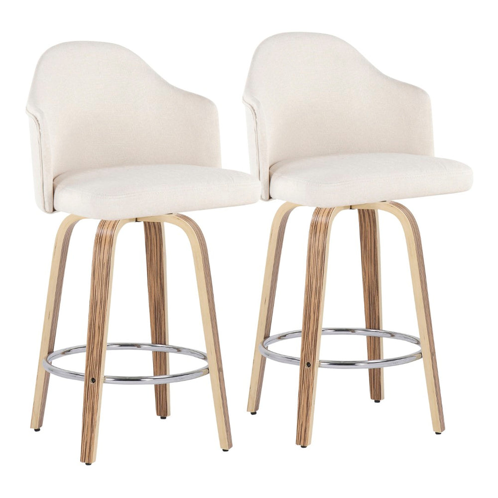 English Elm Fixed-height Swivel Counterstools Mahogany Wood Chrome Footrest Velvet Seat Set of 2 Cream B202S01780