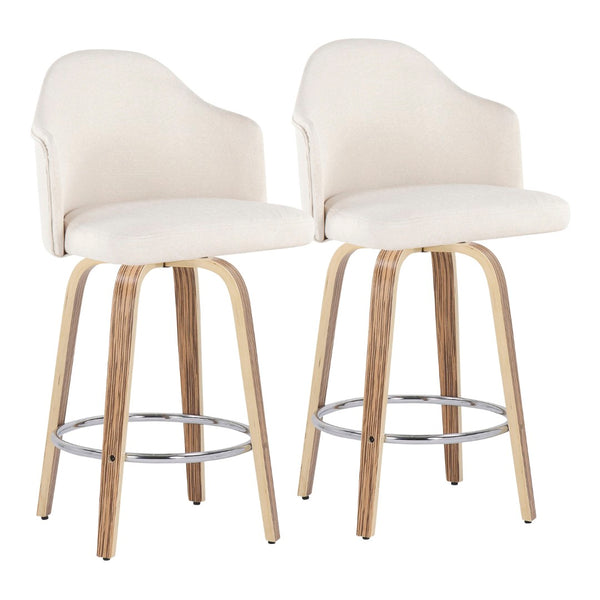 English Elm Fixed-height Swivel Counterstools Mahogany Wood Chrome Footrest Velvet Seat Set of 2 Cream B202S01780