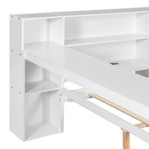 English Elm Wood Full Size Gaming Loft Bed with Integrated Desk, Shelves, LED Lighting & Hanging Clothes Rack Beige+White N7090001047K