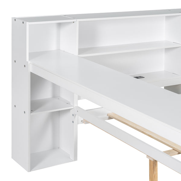 English Elm Wood Full Size Gaming Loft Bed with Integrated Desk, Shelves, LED Lighting & Hanging Clothes Rack Beige+White N7090001047K