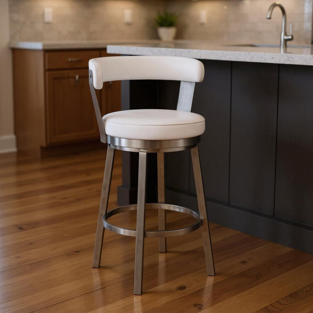 HomeRoots 26" Modern White & Silver Iron Swivel Backless Bar Stool – Stylish, Comfortable, and Durable Design! 476703