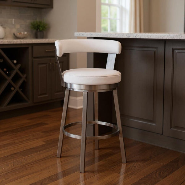 HomeRoots 30" Modern Backless Swivel Bar Stool with White Faux Leather Seat & Silver Iron Frame for Comfort 476704