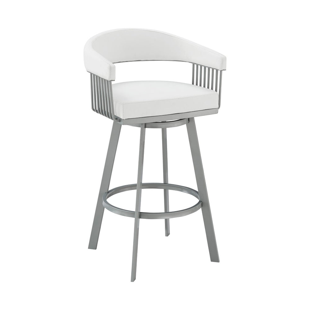 HomeRoots 25" Modern Backless Swivel Counter Stool with White Faux Leather Seat and Silver Iron Base, 250 lbs Capacity 476709