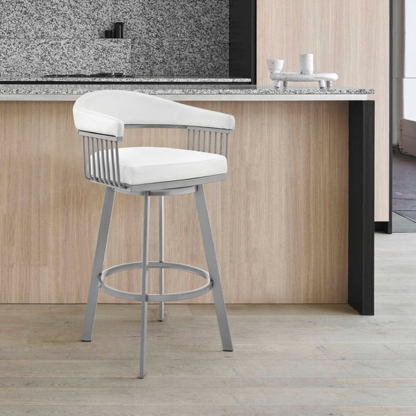 HomeRoots 25" Modern Backless Swivel Counter Stool with White Faux Leather Seat and Silver Iron Base, 250 lbs Capacity 476709