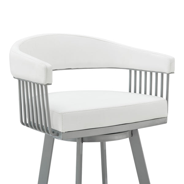 HomeRoots 25" Modern Backless Swivel Counter Stool with White Faux Leather Seat and Silver Iron Base, 250 lbs Capacity 476709