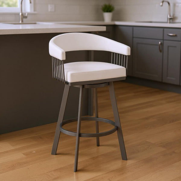 HomeRoots 25" Modern Backless Swivel Counter Stool with White Faux Leather Seat and Silver Iron Base, 250 lbs Capacity 476709
