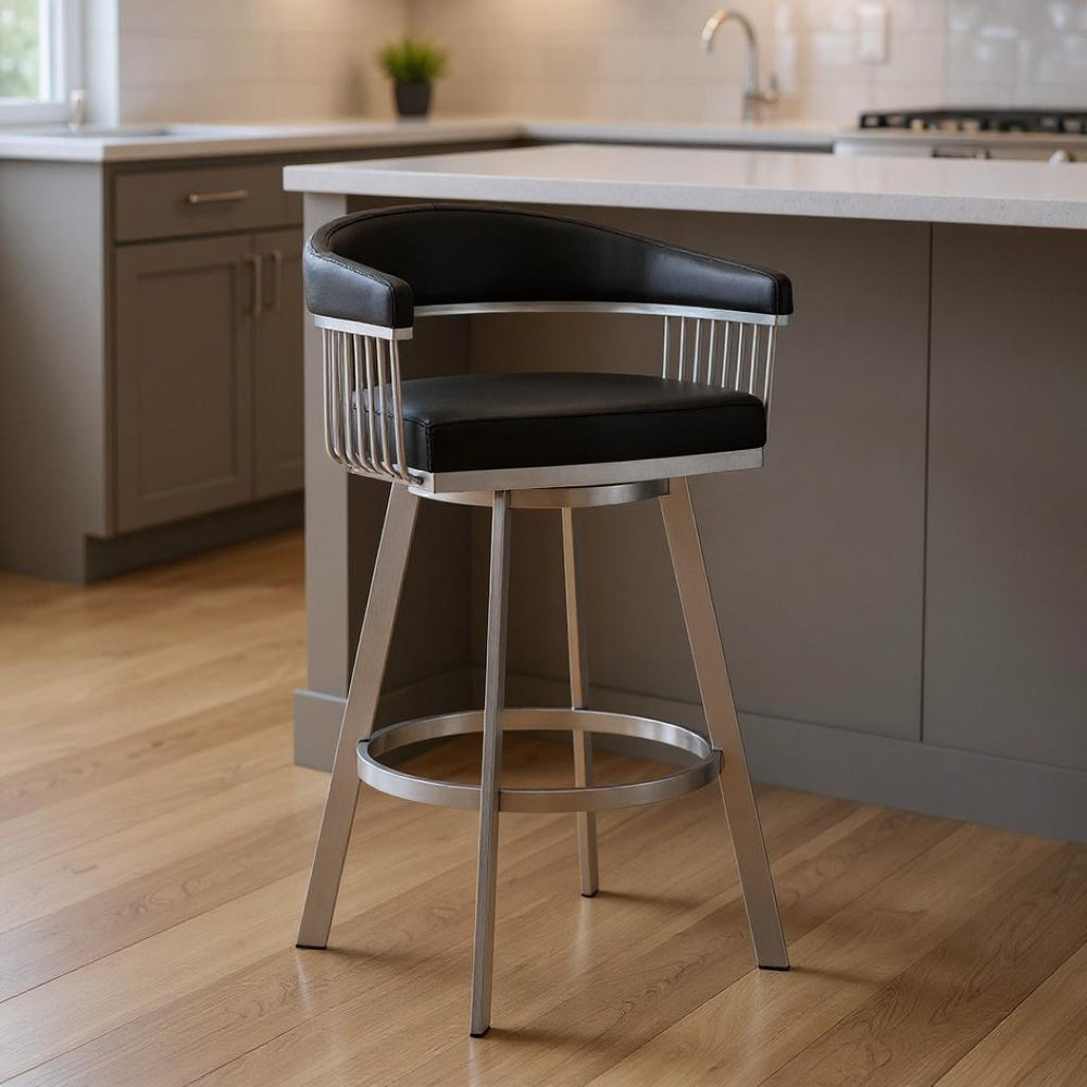 HomeRoots 25" Modern Black & Silver Iron Swivel Bar Chair - Stylish Comfort for Kitchen & Café Seating 476711