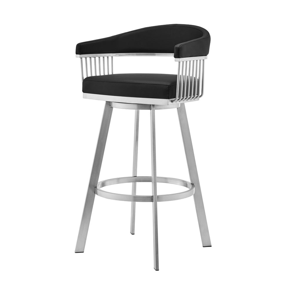 HomeRoots 29" Sleek Black Faux Leather & Silver Iron Swivel Bar Stool - Modern, Comfortable, Versatile Design 476712