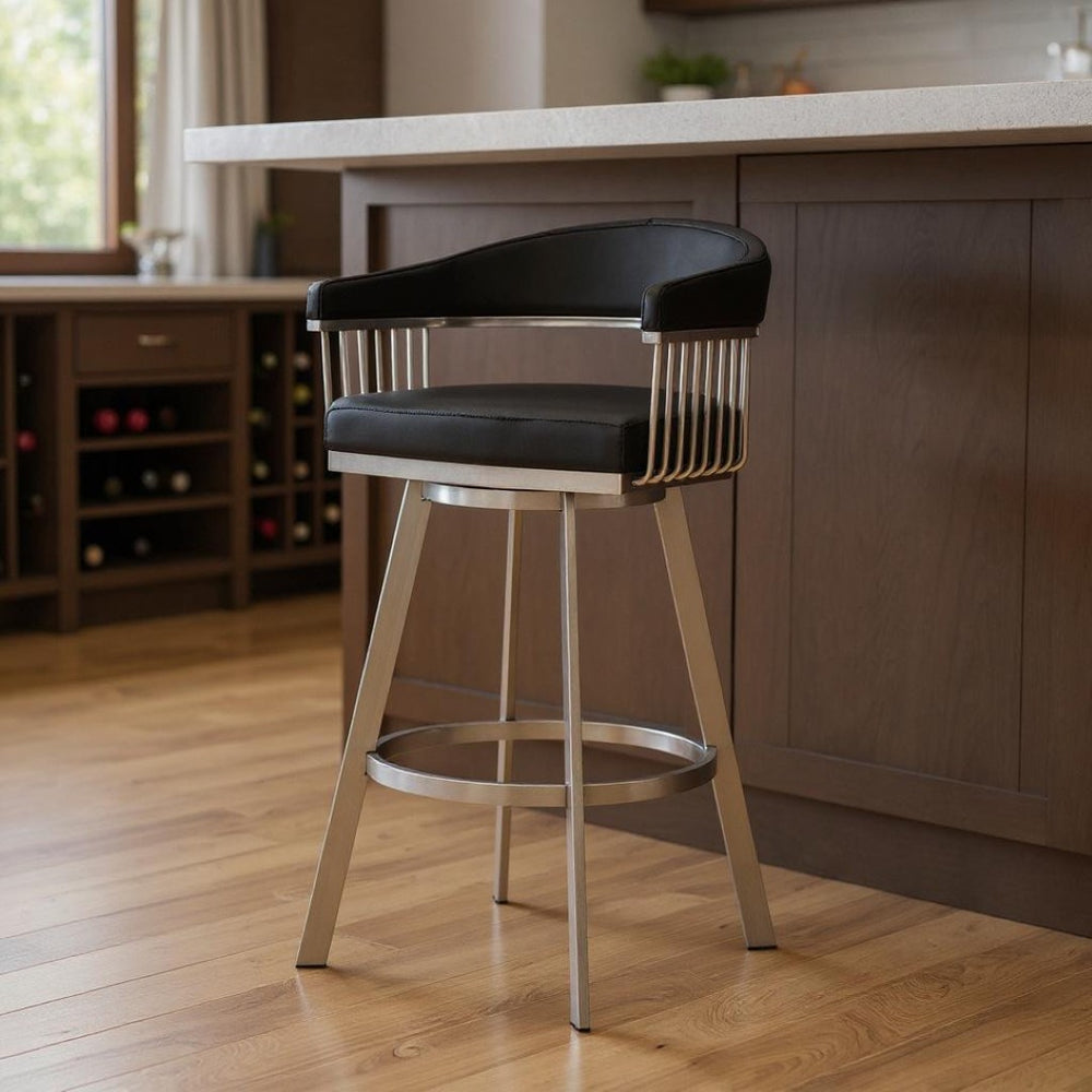 HomeRoots 29" Sleek Black Faux Leather & Silver Iron Swivel Bar Stool - Modern, Comfortable, Versatile Design 476712