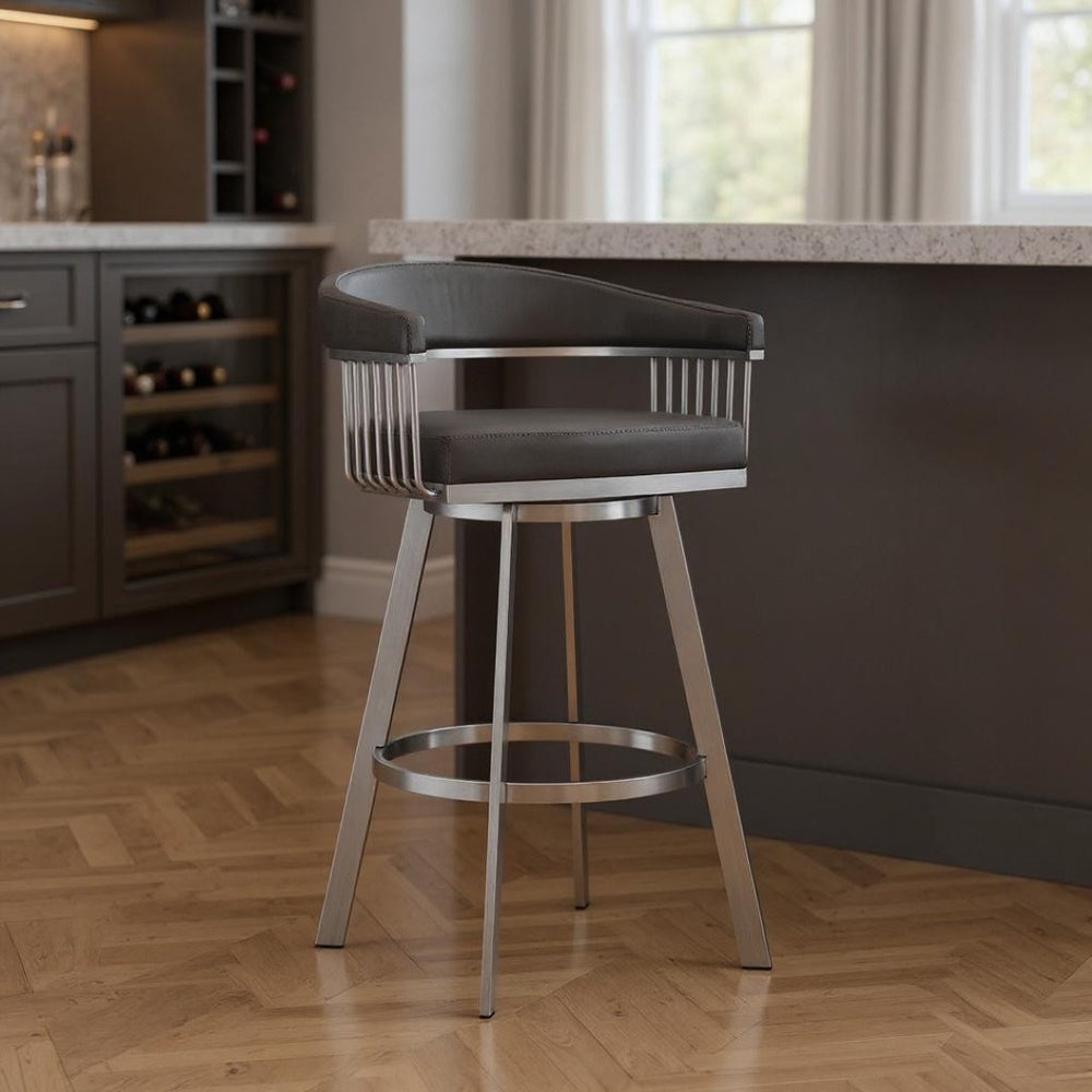 HomeRoots 29" Gray Swivel Bar Stool - Modern Iron Backless Design with Padded Seat for Kitchen & Home Bar 476714