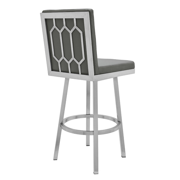 Homeroots 26" Gray And Silver Faux Leather And Iron Swivel Counter Height Bar Chair   476715