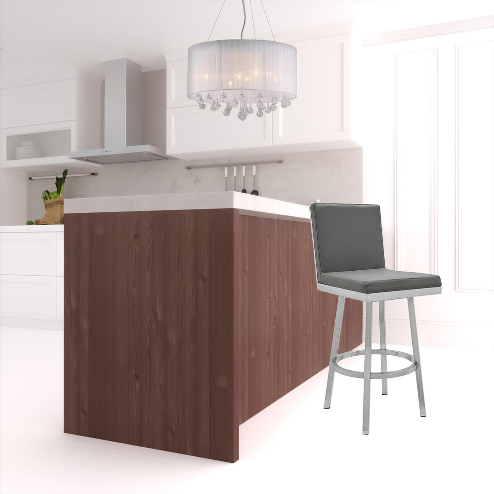 Homeroots 26" Gray And Silver Faux Leather And Iron Swivel Counter Height Bar Chair   476715