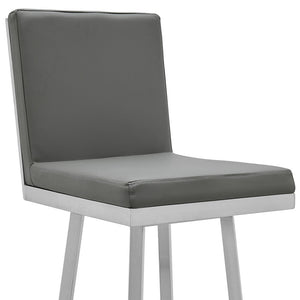 Homeroots 30" Gray And Silver Faux Leather And Iron Swivel Bar Height Bar Chair   476716