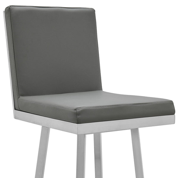 Homeroots 30" Gray And Silver Faux Leather And Iron Swivel Bar Height Bar Chair   476716