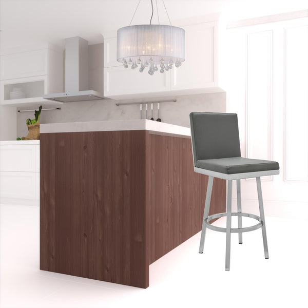 Homeroots 30" Gray And Silver Faux Leather And Iron Swivel Bar Height Bar Chair   476716