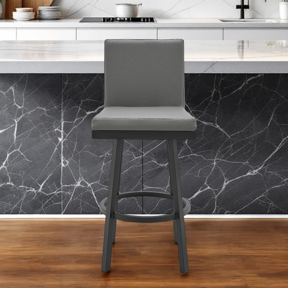 Homeroots 26" Gray And Black Faux Leather And Iron Swivel Counter Height Bar Chair   476717