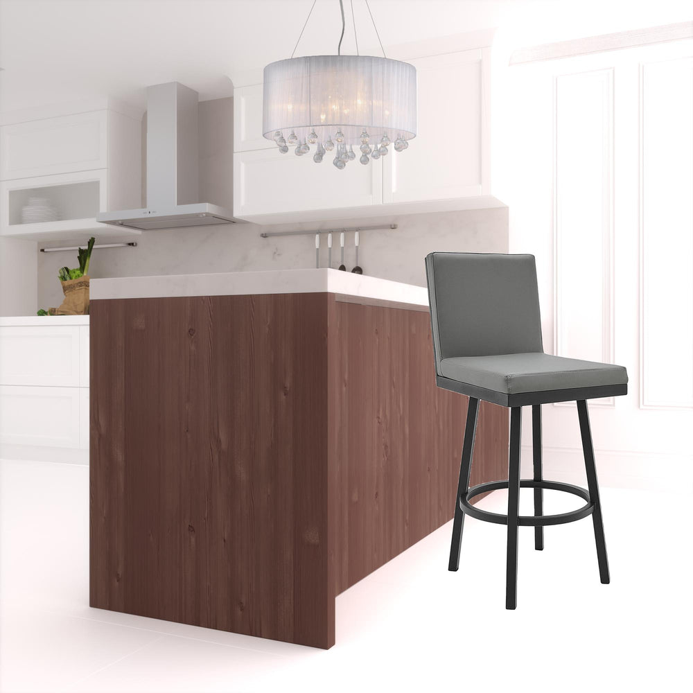 Homeroots 30" Gray And Black Faux Leather And Iron Swivel Bar Height Bar Chair   476718