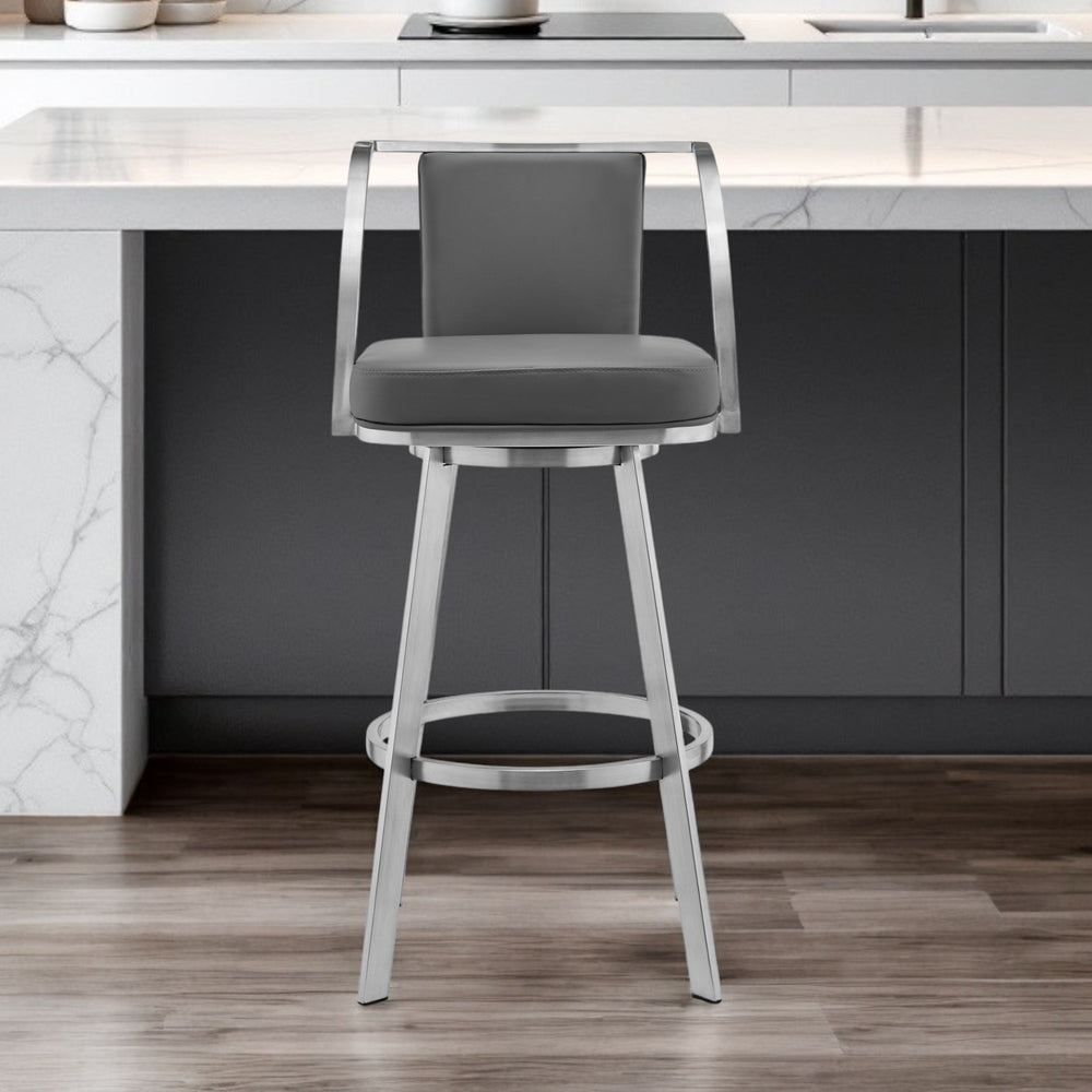 Homeroots 26" Gray And Silver Faux Leather And Iron Swivel Counter Height Bar Chair   476719