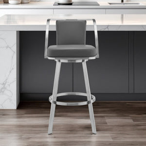 Homeroots 26" Gray And Silver Faux Leather And Iron Swivel Counter Height Bar Chair   476719