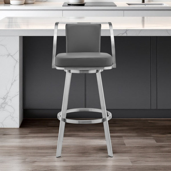 Homeroots 26" Gray And Silver Faux Leather And Iron Swivel Counter Height Bar Chair   476719