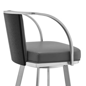 Homeroots 30" Gray And Silver Faux Leather And Iron Swivel Bar Height Bar Chair   476720