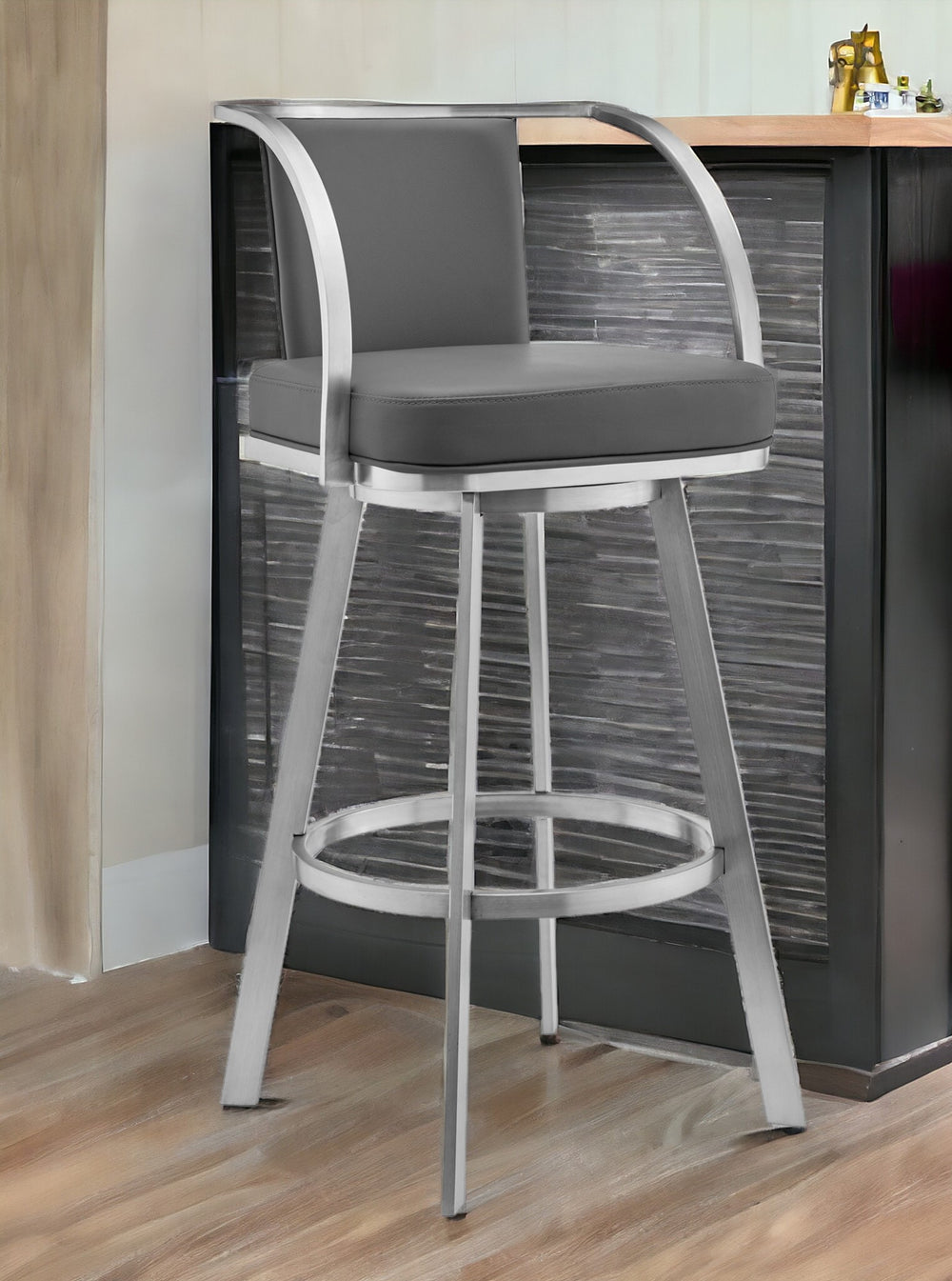 Homeroots 30" Gray And Silver Faux Leather And Iron Swivel Bar Height Bar Chair   476720