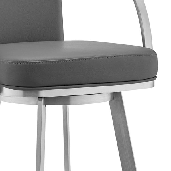 Homeroots 30" Gray And Silver Faux Leather And Iron Swivel Bar Height Bar Chair   476720