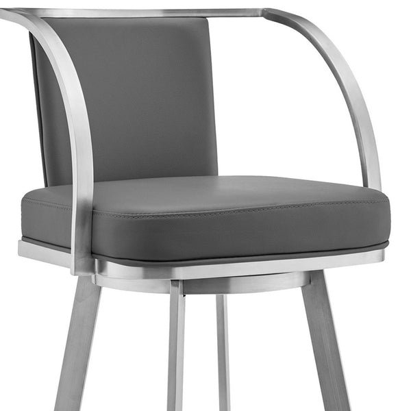 Homeroots 30" Gray And Silver Faux Leather And Iron Swivel Bar Height Bar Chair   476720