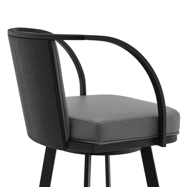 Homeroots 26" Gray And Black Faux Leather And Iron Swivel Counter Height Bar Chair   476721