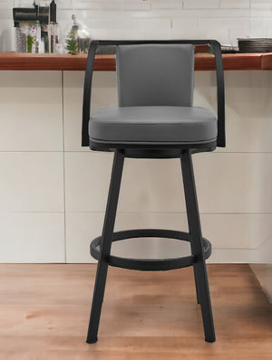Homeroots 26" Gray And Black Faux Leather And Iron Swivel Counter Height Bar Chair   476721