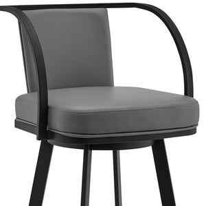 Homeroots 26" Gray And Black Faux Leather And Iron Swivel Counter Height Bar Chair   476721