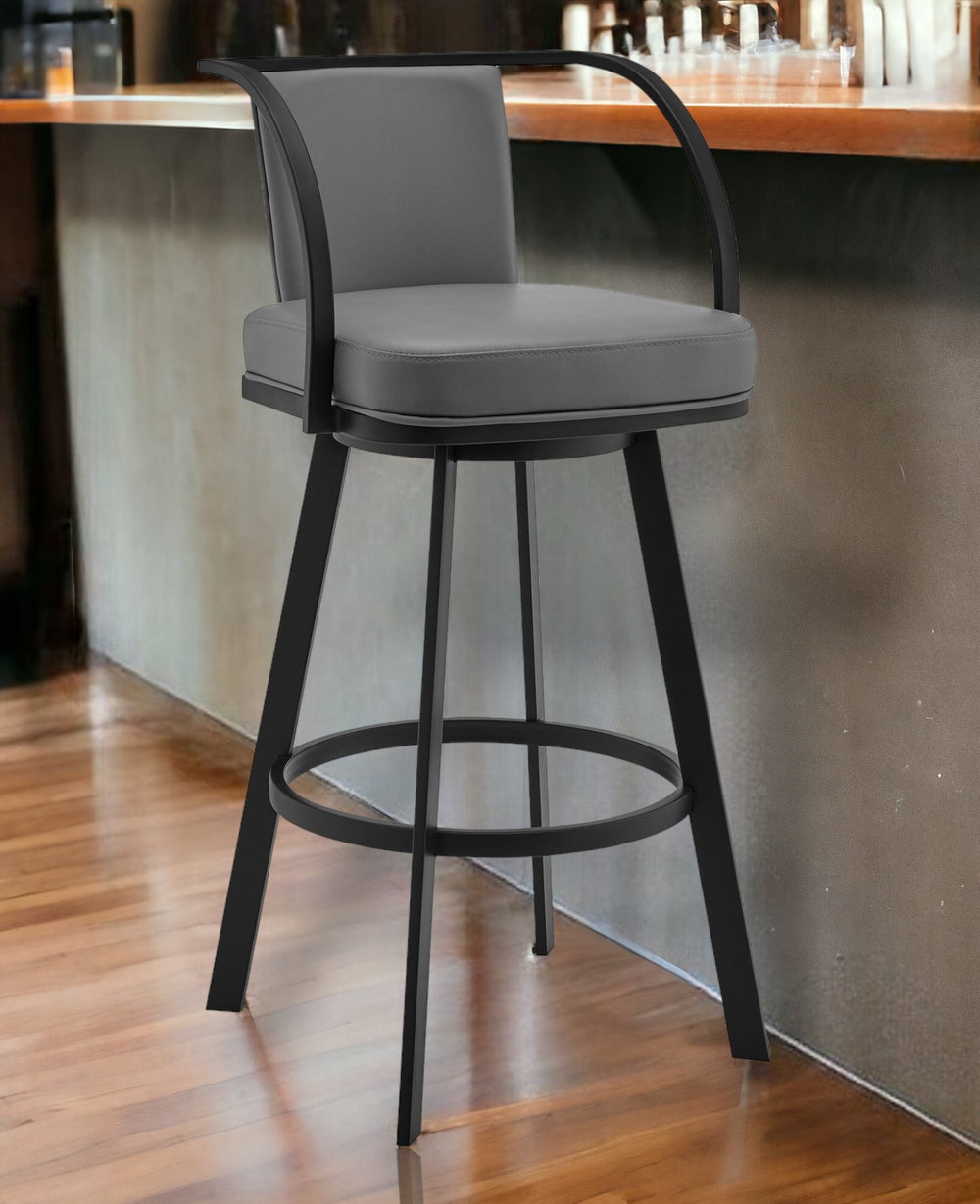 Homeroots 30" Gray And Black Faux Leather And Iron Swivel Bar Height Bar Chair   476722