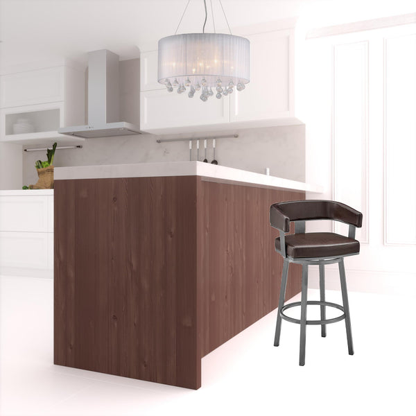 Homeroots 26" Chocolate And Gray Faux Leather And Iron Swivel Low Back Counter Height Bar Chair   476725