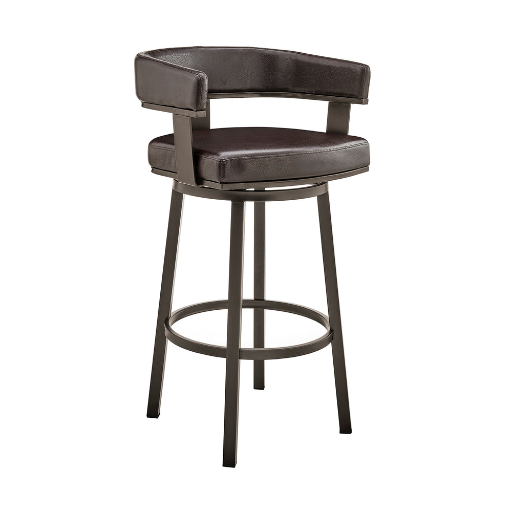 Homeroots 26" Chocolate And Gray Faux Leather And Iron Swivel Low Back Counter Height Bar Chair   476725