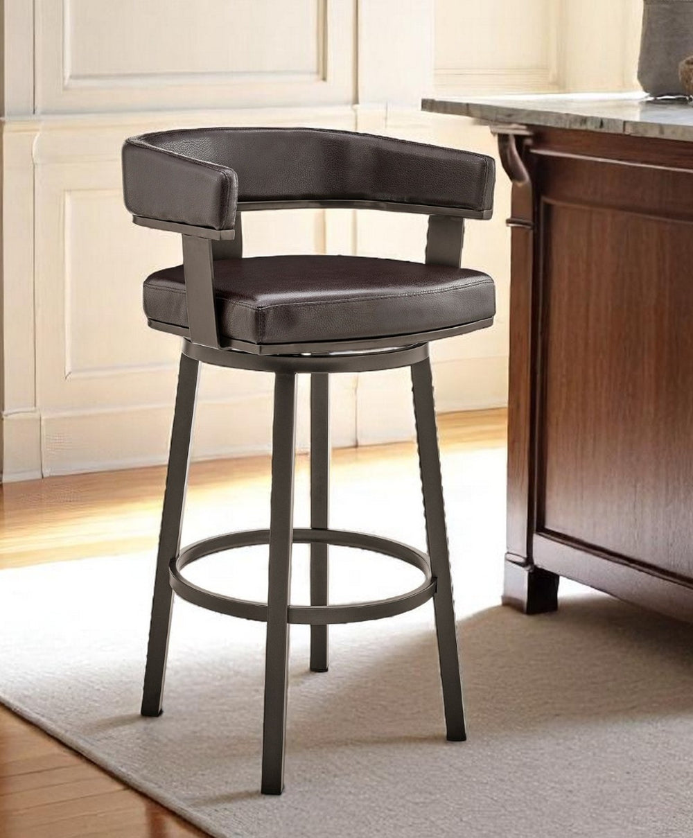 HomeRoots 26" Chocolate Faux Leather Swivel Bar Chair with Gray Iron Base - Stylish Comfort for Any Space 476725