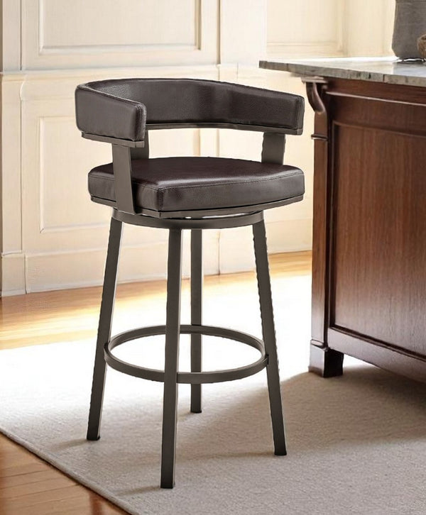 HomeRoots 26" Chocolate Faux Leather Swivel Bar Chair with Gray Iron Base - Stylish Comfort for Any Space 476725