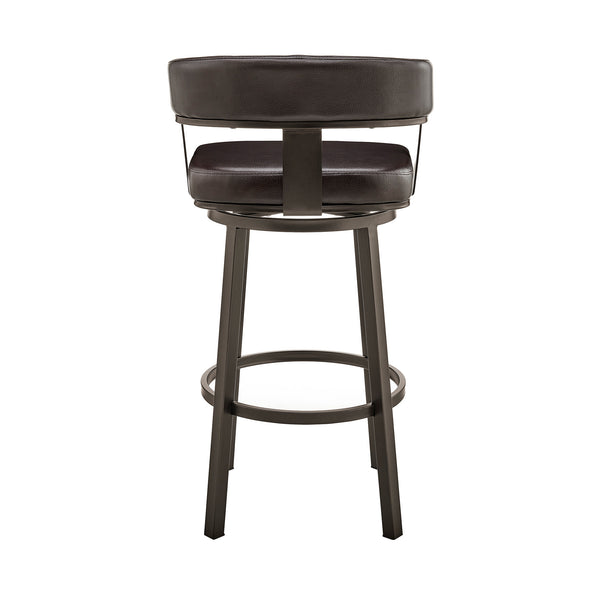 Homeroots 30" Chocolate And Gray Faux Leather And Iron Swivel Low Back Bar Height Bar Chair   476726