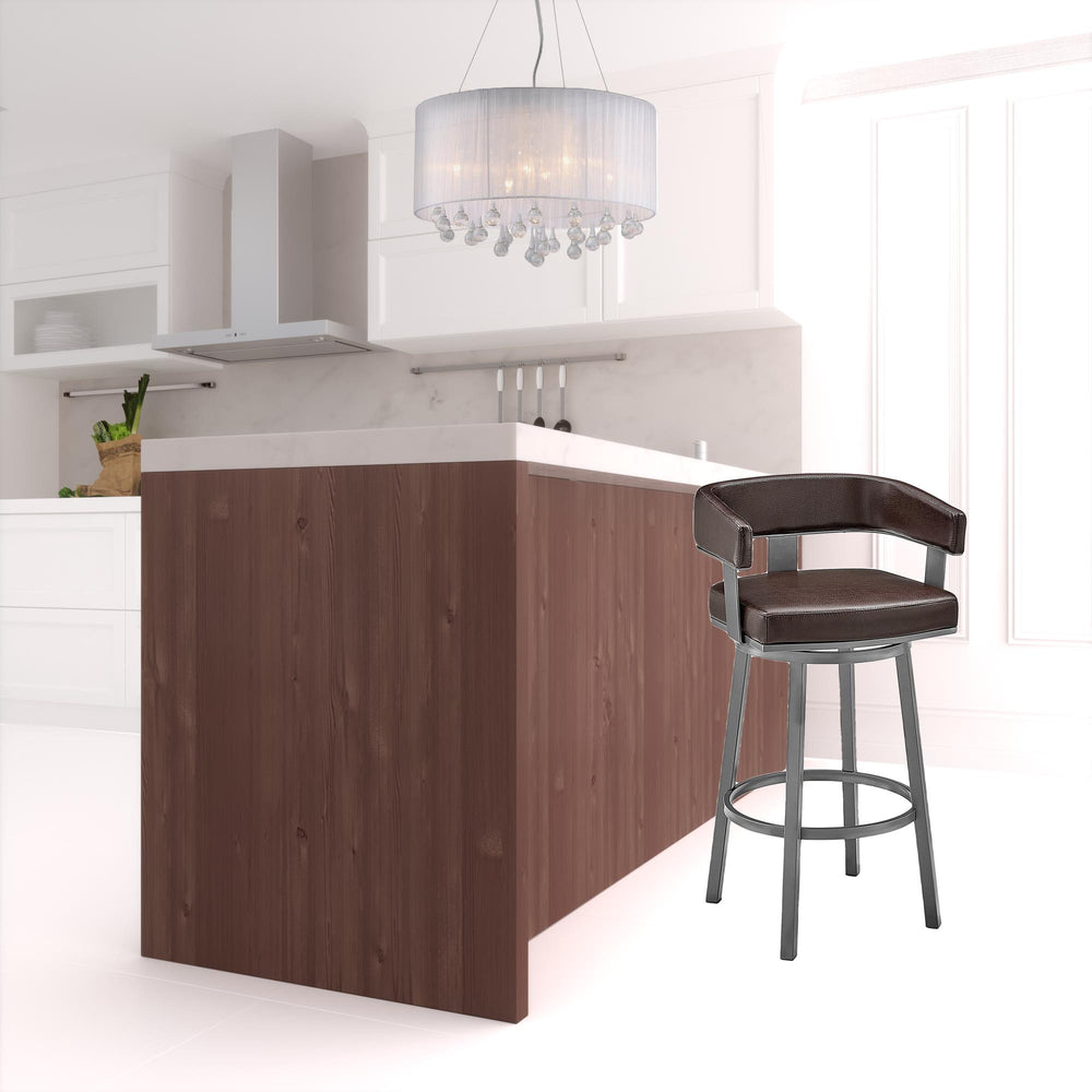 Homeroots 30" Chocolate And Gray Faux Leather And Iron Swivel Low Back Bar Height Bar Chair   476726