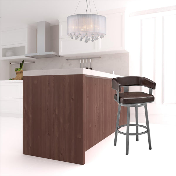 Homeroots 30" Chocolate And Gray Faux Leather And Iron Swivel Low Back Bar Height Bar Chair   476726