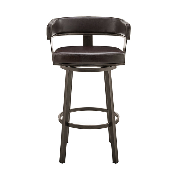 Homeroots 30" Chocolate And Gray Faux Leather And Iron Swivel Low Back Bar Height Bar Chair   476726